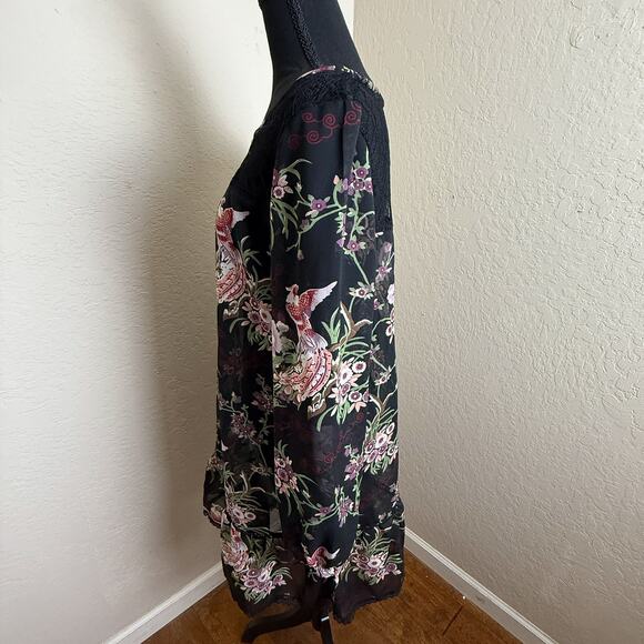 Fire Los Angeles Sheer Black Floral Bird Boho Long Sleeve Mini Dress Size 11 - Picture 2 of 8